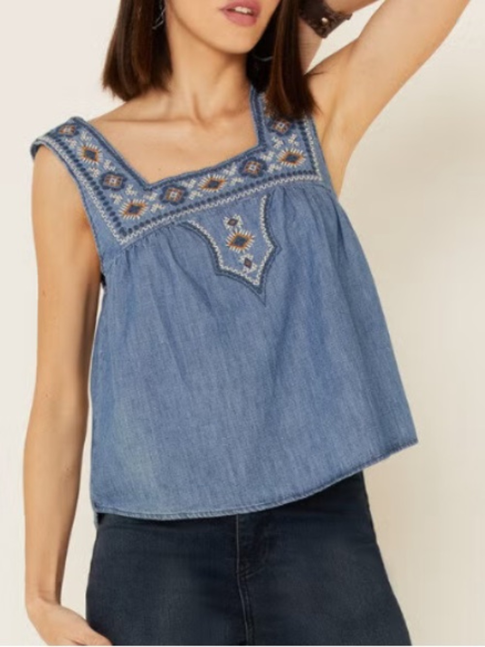 ❤️… Wrangler Retro Americana Embroidered Chambray Sleeveless Peasant Top - Blue